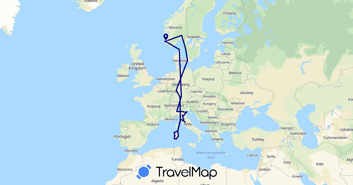 TravelMap itinerary: driving in Germany, Denmark, Italy, Norway, Sweden (Europe)