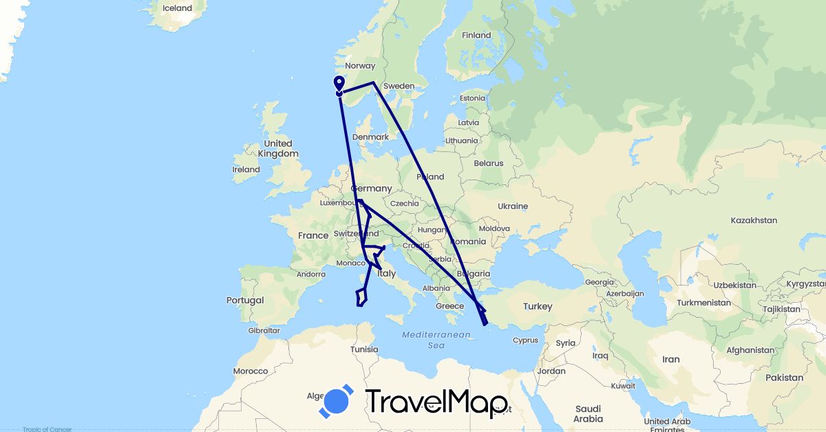 TravelMap itinerary: driving in Germany, Greece, Italy, Norway, Turkey (Asia, Europe)